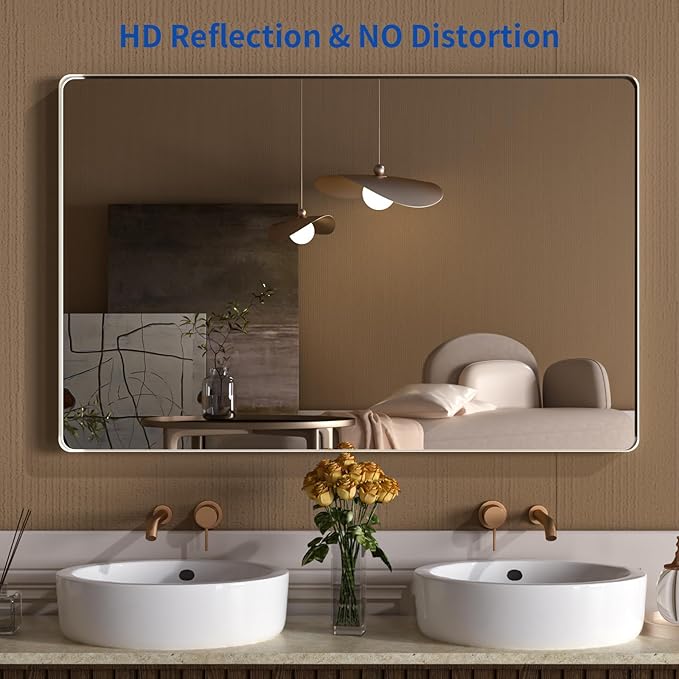 WEER 55X30 Inch Brushed Nickel Bathroom Mirror, Brushed Silver Metal Frame - Image 2