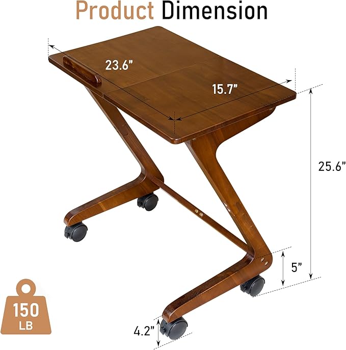 TV Tray Table with Casters, Solid Rubberwood End Tables, Sofa Side Table Couch - Image 3