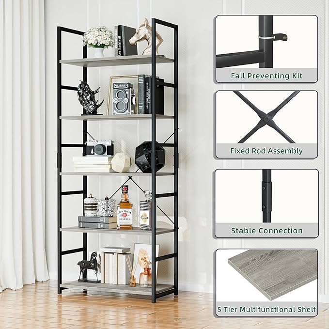 OTK 5 Tier Bookshelf, Tall Bookcase, Office Shelf Storage Organizer, Modern - Image 5