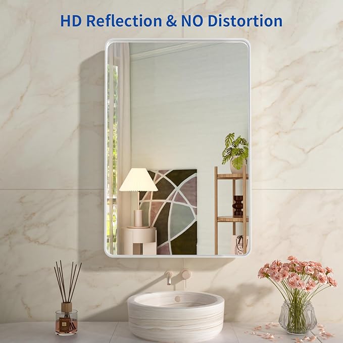 WEER White Bathroom Mirror 24X36 Inch, Rounded Rectangle White Metal Frame - Image 2