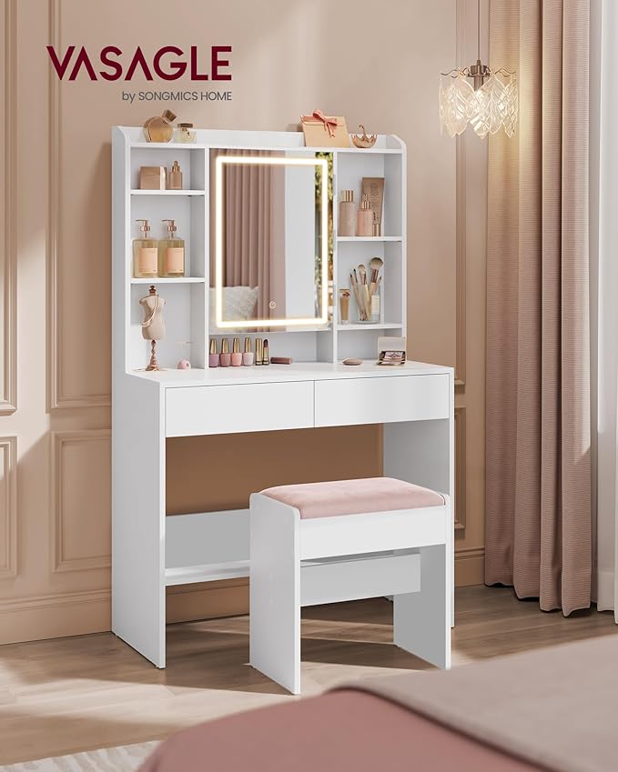 VASAGLE Vanity Desk with Mirror and Lights, Makeup Vanity with Upholstered - Image 2