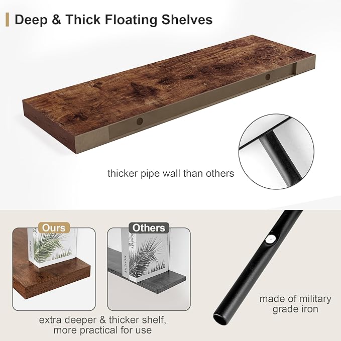 12" Deep Rustic Brown Floating Shelves, Over Toilet Long Wall Mounted Modern - Image 4