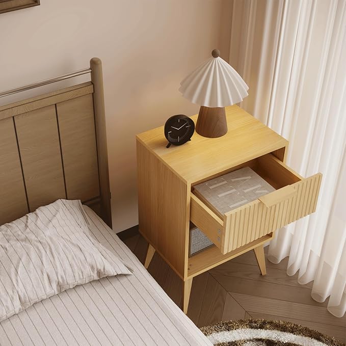 Fluted Night Stand with Opening Storage, Mid Century Bedside Table with Drawer - Image 2