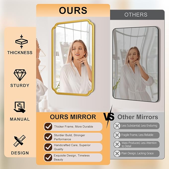 26"x40" Rustproof Bathroom Mirror Gold, Round Corner Metal Frame Wall Mirror - Image 7