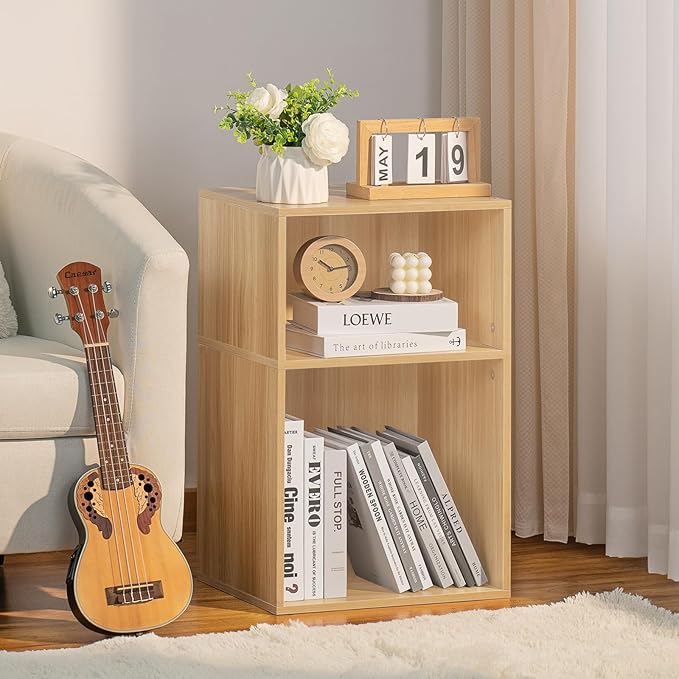 LEYAOYAO 2 Cube Bookshelf, Natural Record Player Stand Holds up to 100 Albums - Image 2