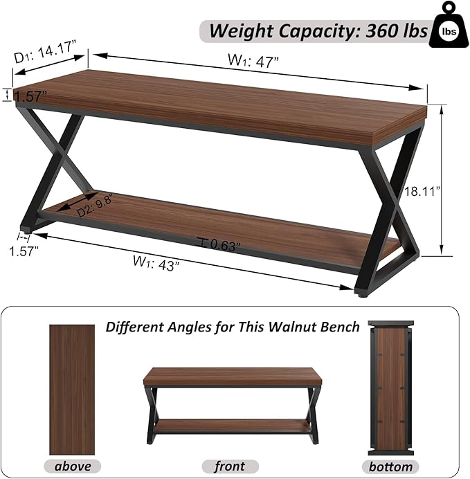 IBF Wood Entryway Bench Indoor, Industrial Wooden Metal Entry Shoe Storage - Image 2