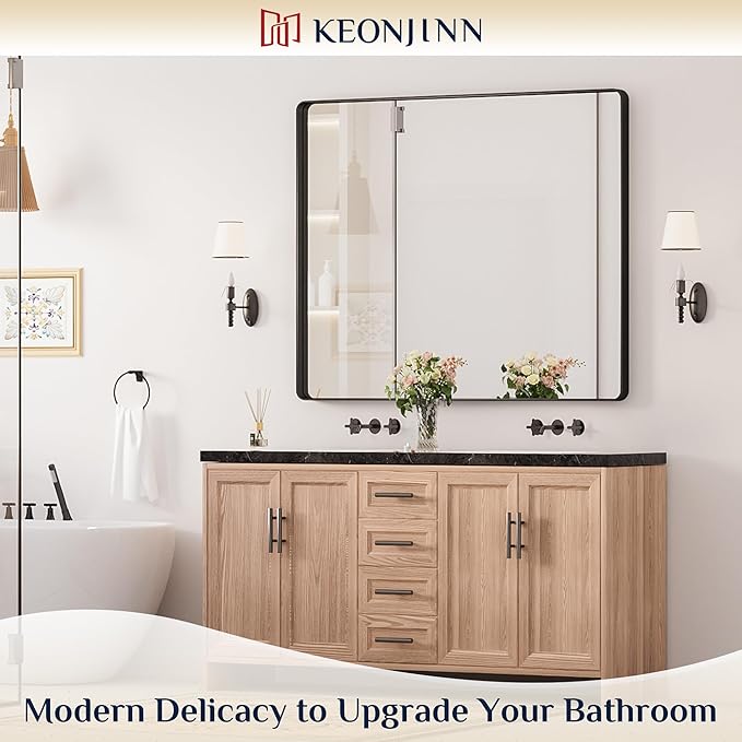 Keonjinn Black Framed Mirrors for Bathroom 48” x 40” Large Rounded Rectangle - Image 2