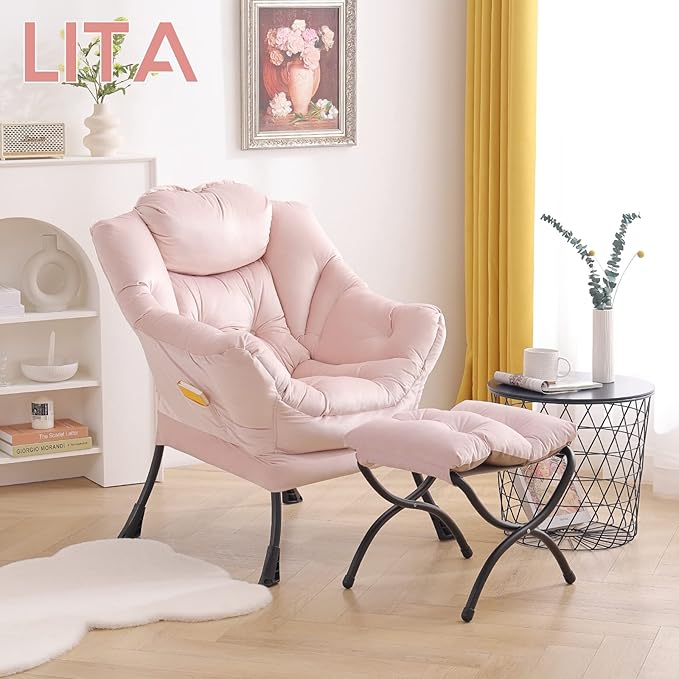 LITA Lazy Chair With Ottoman, Modern Accent Leisure Upholstered Sofa, - Image 7