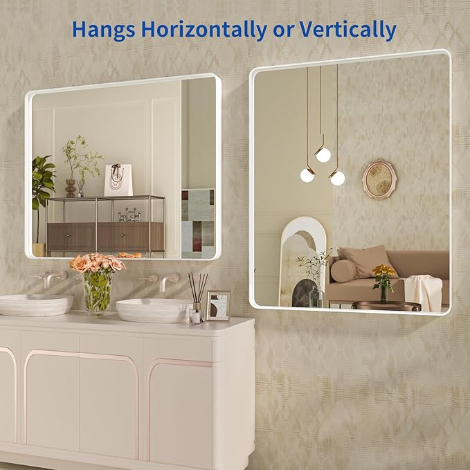 WEER White Bathroom Mirror 40X30 Inch, Rounded Rectangle White Metal Frame - Image 5