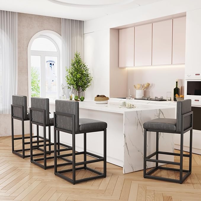 Barstools Set of 2 Grey Metal Bar Stools Modern Bar Chairs Pu Leather - Image 4