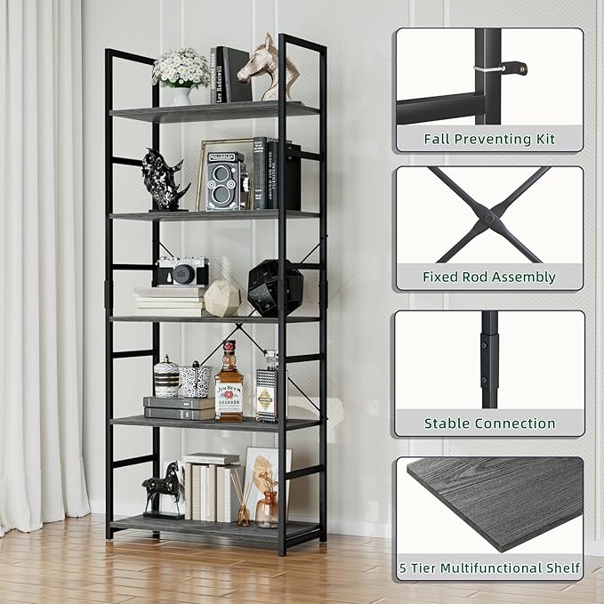 OTK 5 Tier Bookshelf, Tall Bookcase, Office Shelf Storage Organizer, Modern - Image 4