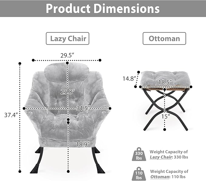 Lazy Chair with Folding Ottoman, Accent Chair Plush Upholstered with Metal - Image 3