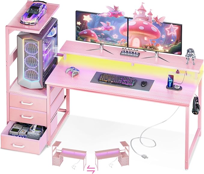 AODK 59 Inch Gaming Desk with USB Charging Ports & LED Light- Reversible by AODK