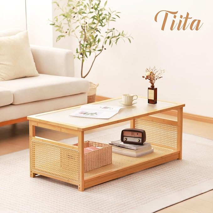 Tiita Coffee Tables for Living Room，Mid Century Modern Storage 2-Tier Coffee - Image 2