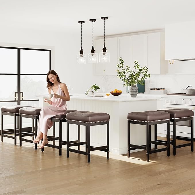 MALOL Set of 6 Saddle Bar Stools Counter Height 24.4”, Backless Barstools - Image 3