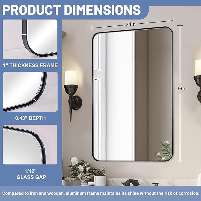 Black Bathroom Mirror 24"x36", Modern Round Corner Bathroom Vanity Mirror - Image 7