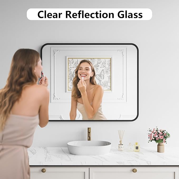 Koonmi Bathroom Mirror, 32X40 Inch Black Metal Framed Mirror - Image 2