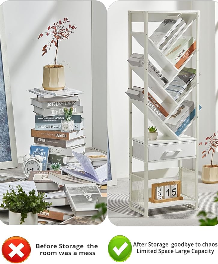 Bookshelf with Drawer, 10 Tier Tree Bookcase Retro Floor Standing Bookshelves - Image 5