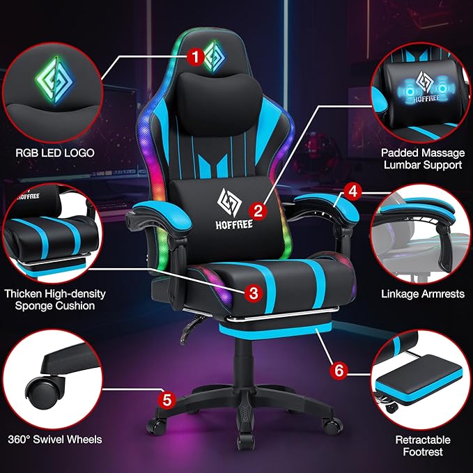 HOFFREE Gaming Chair with Music Rhythm RGB LED Lights and Bluetooth Speakers - Image 8