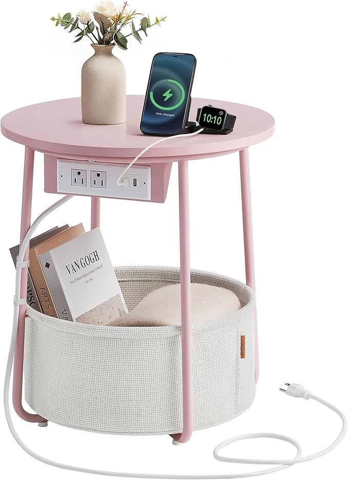 VASAGLE Side Table with Charging Station, Round End Table with Fabric Basket by VASAGLEbySONGMICSHOME