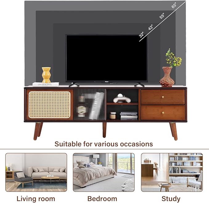 Tiita TV Stand with Storage for TVs up to 65'', Bamboo Rattan TV Console - Image 4