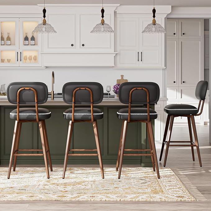 Swivel Bar Stools Set of 4, Mid Century PU Leather Counter Height Bar Chairs by Unknown
