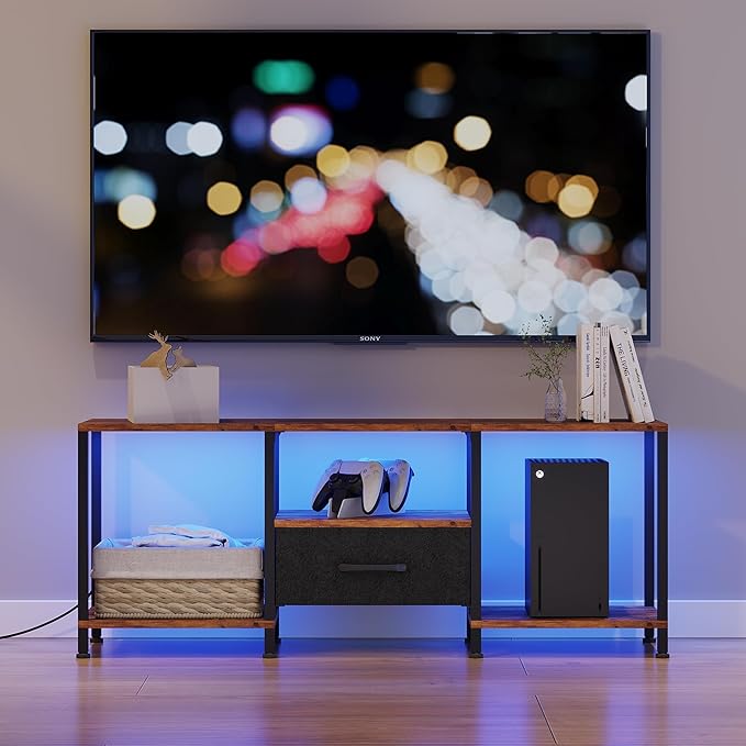 TV Stand with LED Lights, Entertainment Center with Open Shelves and Fabric - Image 2