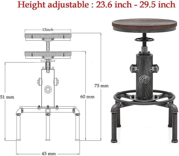 Topower Antique Vintage Industrial Barstool Solid Wood Water Pipe Fire Hydrant - Image 3
