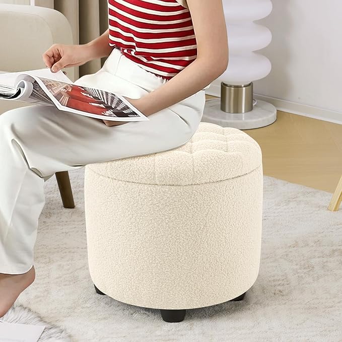 Furniliving Modern Round Storage Ottoman, Button Tufted Ottoman Foot Stools - Image 6