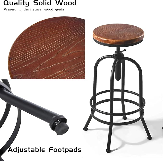 Diwhy Industrial Bar Stool-26-32 Inch Adjustable Swivel Metal Wood Seat Stool - Image 4