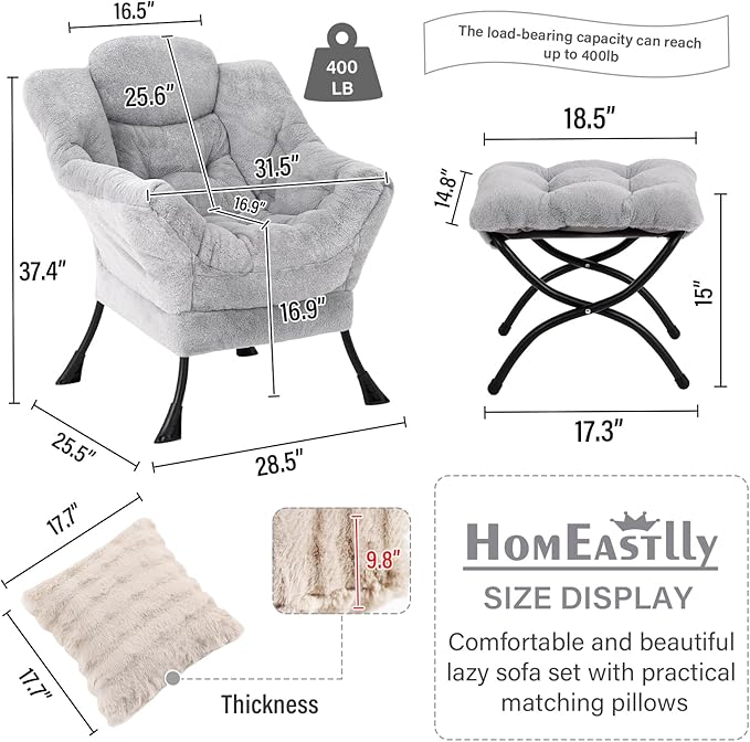 Lazy Chair with Ottoman, Modern Large Accent Lounge Chair with a Pillow - Image 3