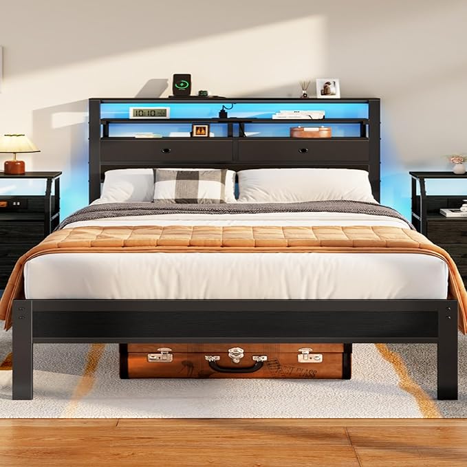 Furnulem Queen Bed Frame with Headboard & 2 Fabric Drawers, Bed Frame Queen by Furnulem