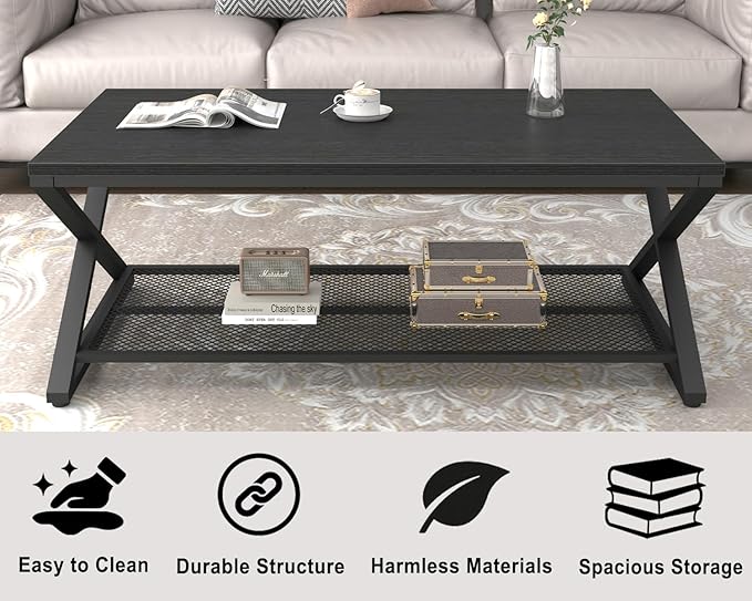 LVB Black Coffee Table, Wood Metal 2 Tier Center Tables - Image 6