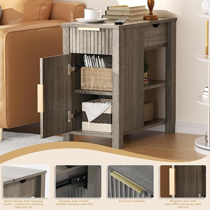 End Table with Charging Station 24'' Nightstand with Charging Station Vintage - Image 4