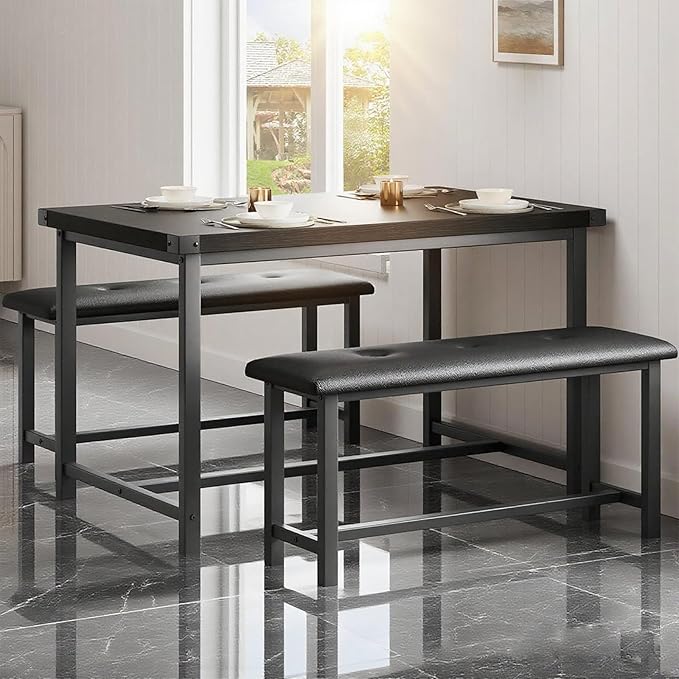 Garvee Dining Table with 2 Benches, Kitchen Table with 2 Upholstered Benches by Unknown