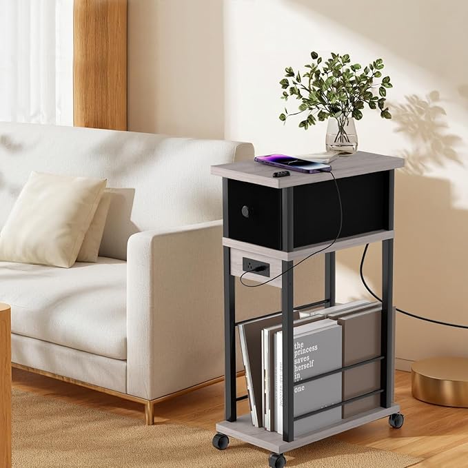 Side Table with Charging Station and Drawer, Narrow End Table with USB Ports - Image 2