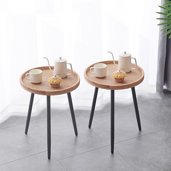 Tiita 2 Pack Rattan Round End Table Mental Side Table Nightstand/Small Wood - Image 7