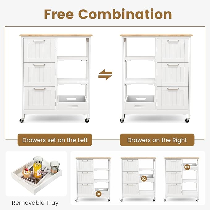 COSTWAY Kitchen Storage Island Cart on Wheels, Kitchen Rolling Trolley Cart - Image 5