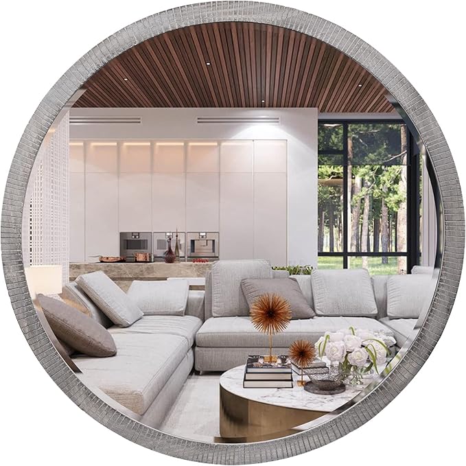 35" Round Wood Mirror, Rustic Circle Wall Mirror by GIFTTROVE