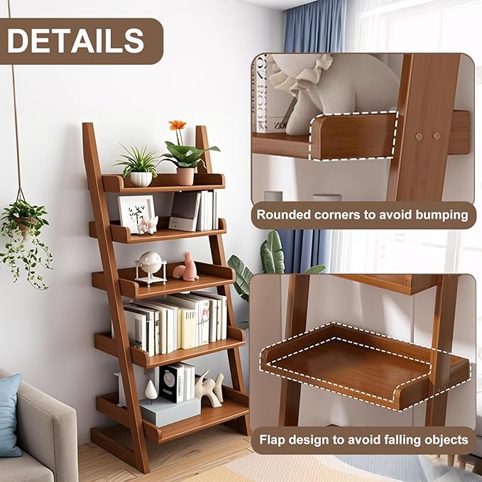 5-Tier Wooden Ladder Shelf Bookcase, H 55" Walnut Ladder Bookshelf Freestanding - Image 5