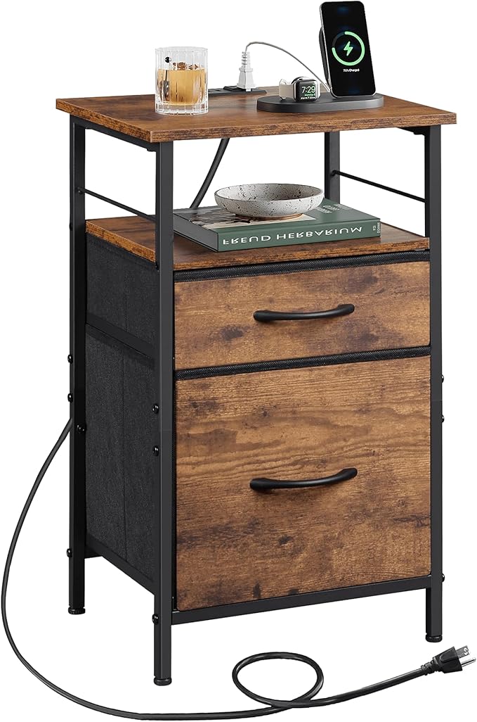 WLIVE Nightstand with Charging Station, End Table with 2 Fabric Drawers by WLIVE