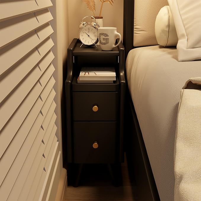 Narrow Nightstand with Drawers, Wood Bedside Table, Small Black Nightstand Set - Image 6