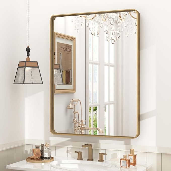 24x32 Gold Bathroom Mirror, Rounded Rectangle Gold Frame Mirror, Brushed Gold by CHARMOR