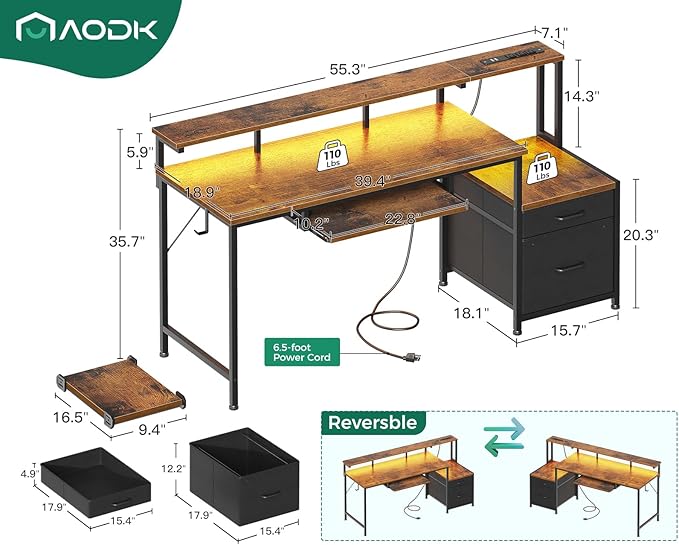 AODK Computer Desk with Drawers and Keyboard Tray, Reversible Study Work Desk - Image 3