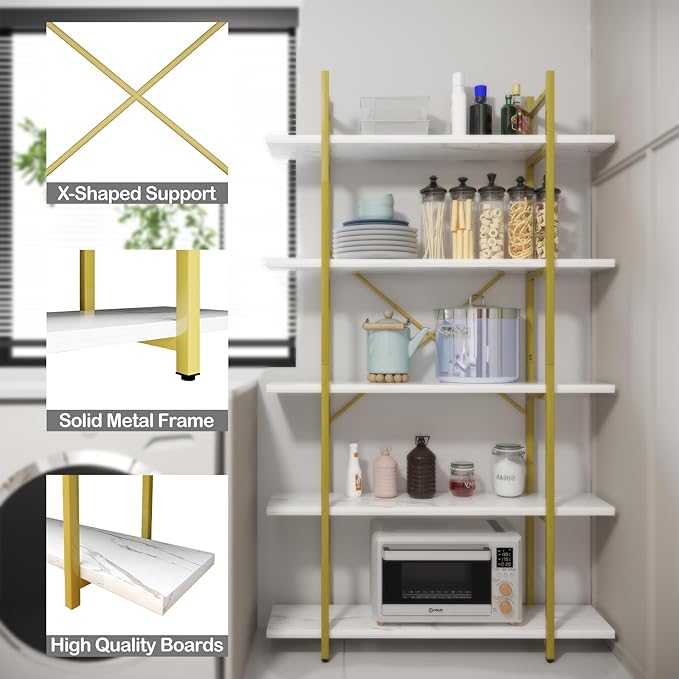 5 Tiers Bookshelf Organizer White Faux Marble Shelf, Modern Open Display - Image 7