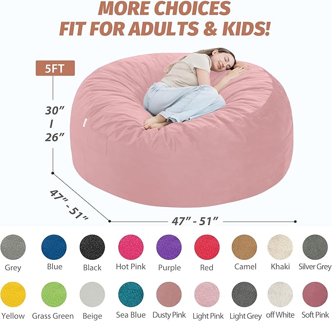 5FT Bean Bag Chair with Ultra Soft Velvet Cover Bean Bag Sofa with Memory Foam - Image 3
