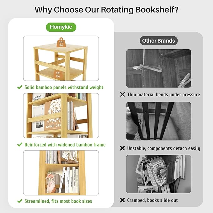 Homykic Rotating Bookshelf, Bamboo 360 Display Spinning Bookshelf Tower - Image 9