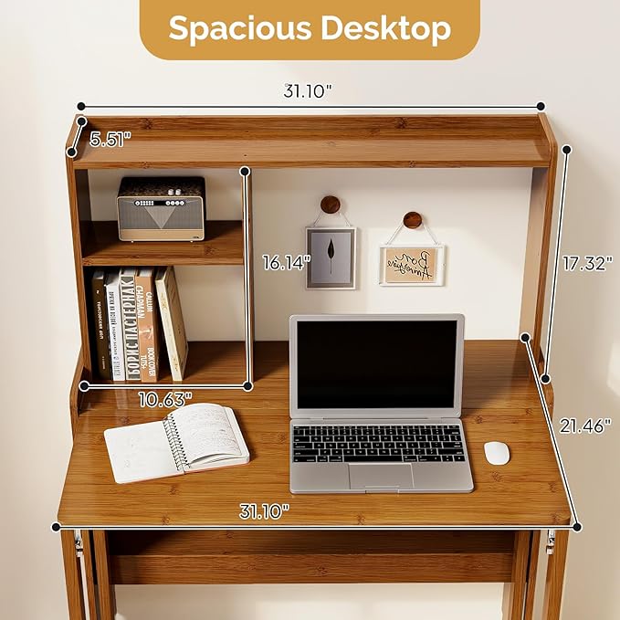 31.1" Bamboo Folding Desk with Bookshelf, Compact Computer Desk - Image 2