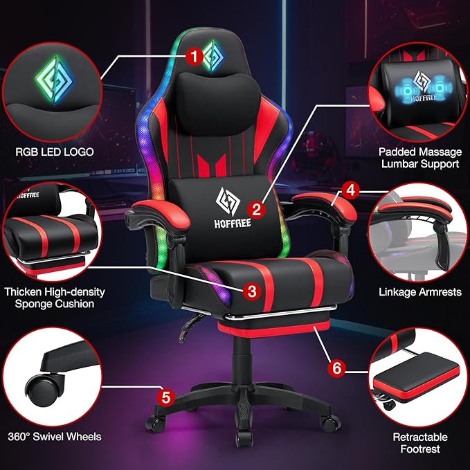 HOFFREE Gaming Chair with Music Rhythm RGB LED Lights and Bluetooth Speakers - Image 8