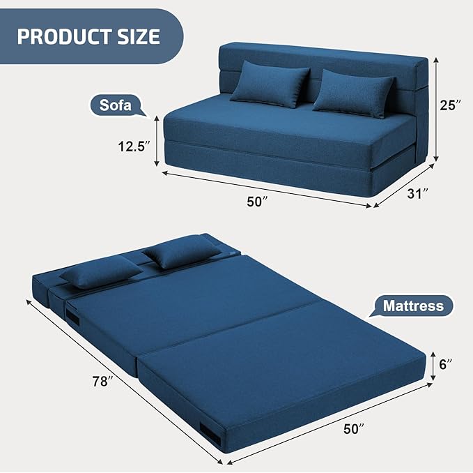 Folding Sofa Bed with Pillows- Convertible Chair Floor Couch & Sleeping Mattress - Image 2